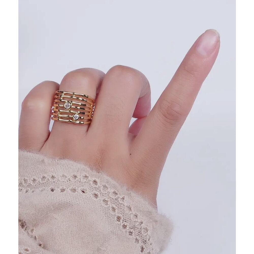 14K Gold Plated Wide Multiple Bamboo Geometric CZ Band Statement RingAdjustable - Picture 3 of 5
